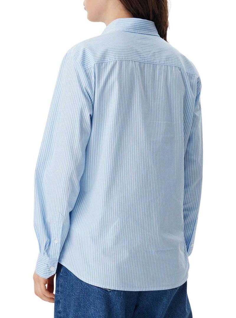 Camisa Tommy Jeans Pinstripe azul e branco para mulher.