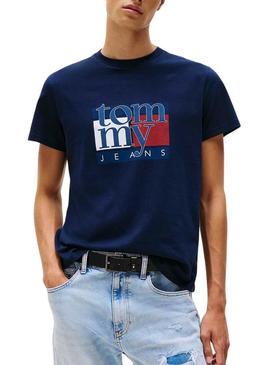 Camiseta Tommy Jeans Flag Slim azul marinho para homem