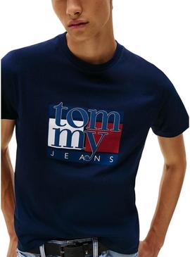 Camiseta Tommy Jeans Flag Slim azul marinho para homem