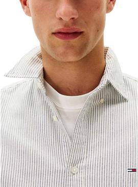 Camisa Tommy Jeans Oxford slim listrada azul para homem.