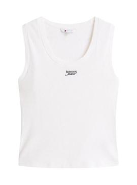 Camiseta Tommy Jeans Slim Script branca para mulher.