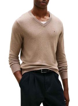 Camisola Tommy Hilfiger em caxemira bege para homem.