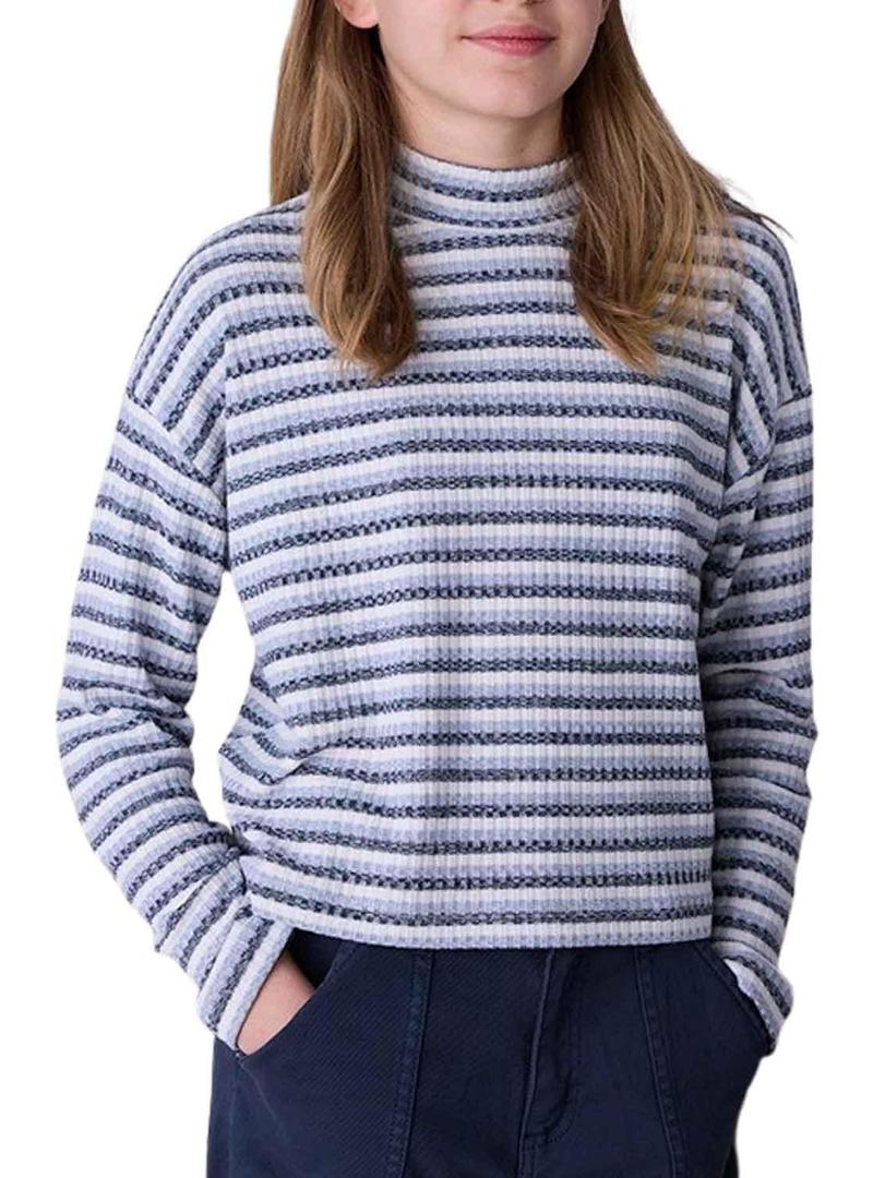 Camiseta Mayoral sem gola em V listrada azul para menina