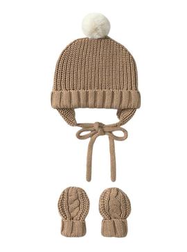 Conjunto Mayoral touca e luvas marrom bebê