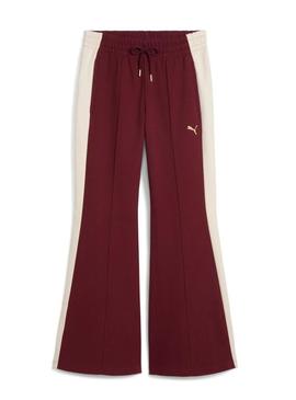 Calça esportiva Puma acampanada granate T7 para mulher.