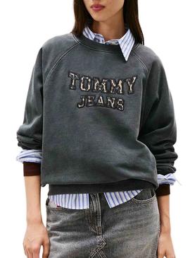 Moletom Tommy Jeans Boxy Leopard cinza para mulher