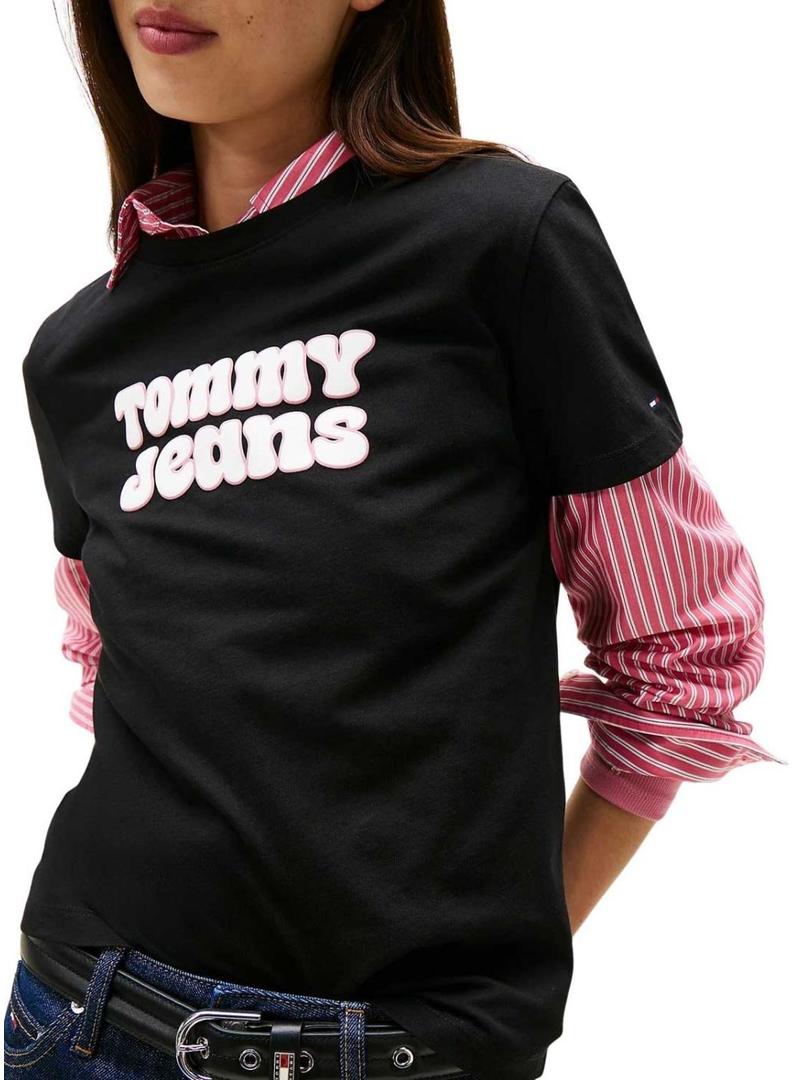 Camiseta Tommy Jeans Essential Logo preto para mulher.