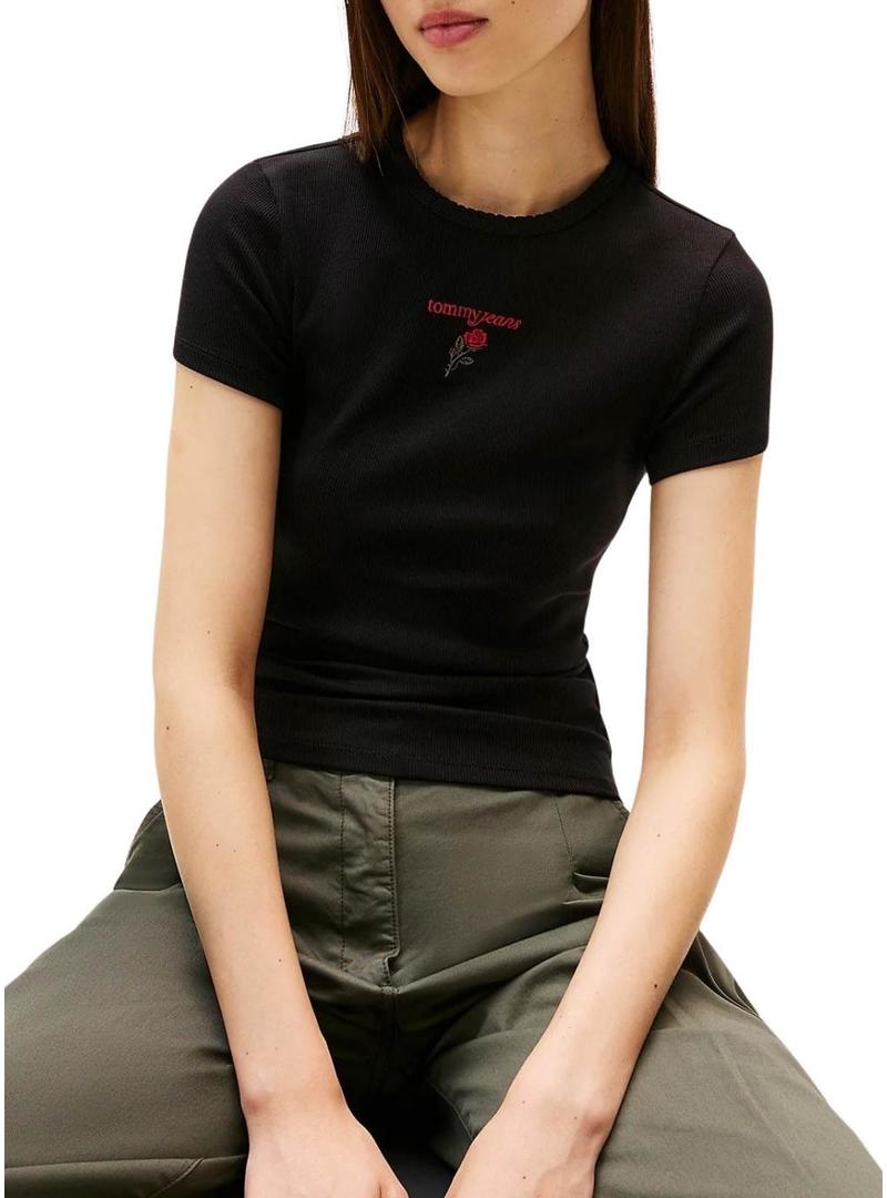 Camiseta Tommy Jeans Rose preta para mulher.