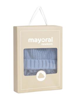 Conjunto Mayoral touca e luvas azuis para bebê.