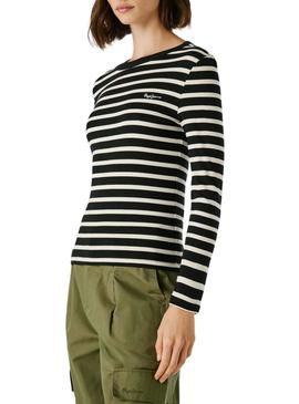 Camiseta Pepe Jeans Bani em listras de malha canelada preta para mulher.