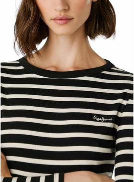 Camiseta Pepe Jeans Bani em listras de malha canelada preta para mulher.