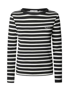 Camiseta Pepe Jeans Bani em listras de malha canelada preta para mulher.