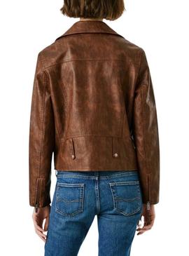 Jaqueta biker Pepe Jeans Stacy marrom de efeito pele para mulher.