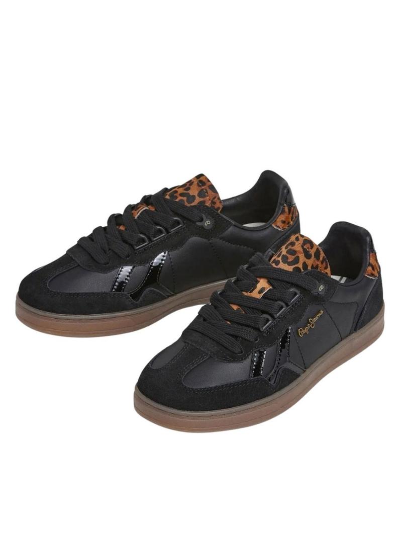 Sapatilhas Pepe Jeans Ball preto com detalhes de leopardo para mulher.