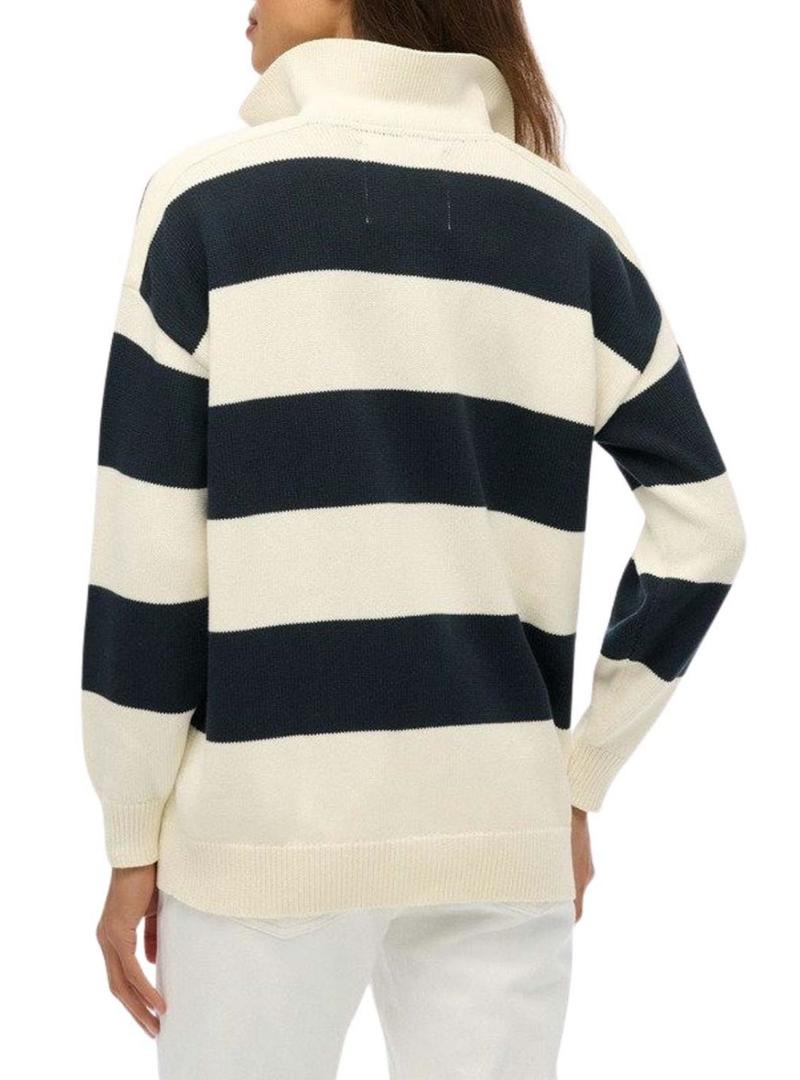 Camisola Superdry Listrada de Rugby Desleixada Marinha e Bege para Mulher.