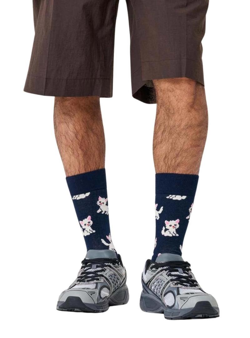 Meias Happy Socks Kitten azul marinho.