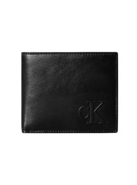 Carteira Calvin Klein Bold CK em couro preto com porta-moedas para homem.