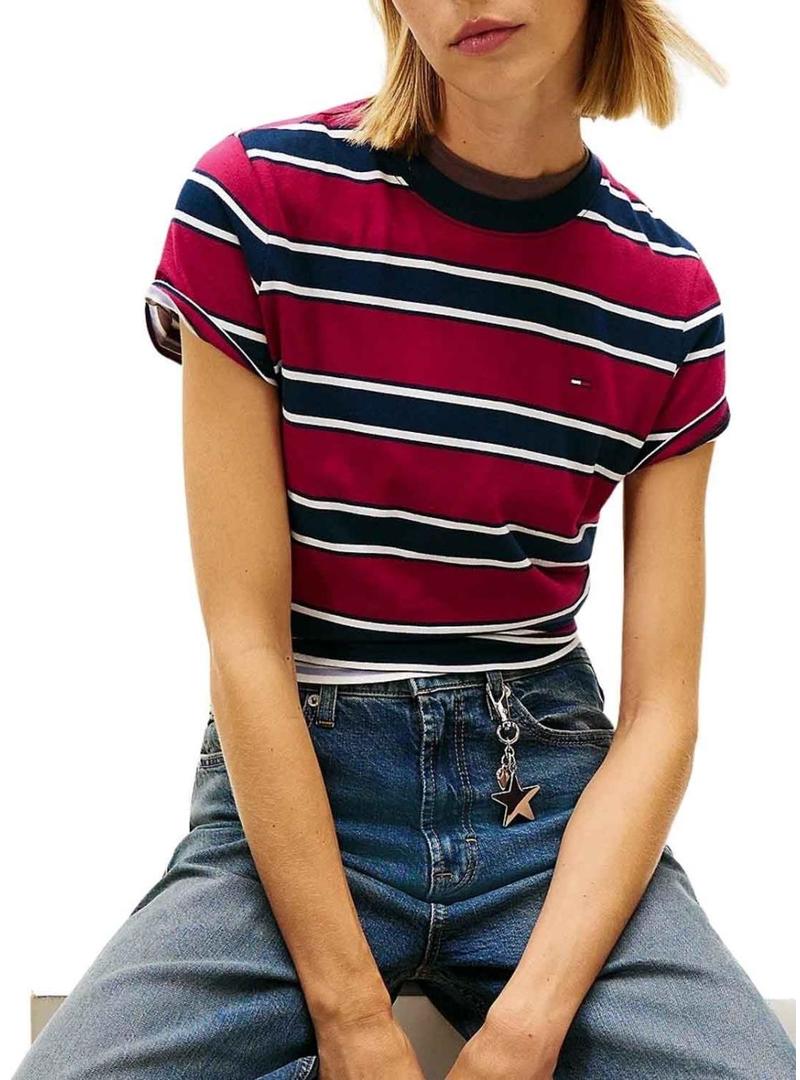 Camisa Tommy Jeans listrada bordô para mulher.