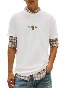 Camiseta Tommy Jeans Sign Block branca para homem.