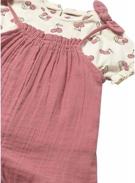 Conjunto Maioral macacão e camiseta rosa para bebê.